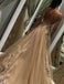 Deep V Neck Champagne Tulle Evening Prom Dresses With Feathers Beading, TYP1515