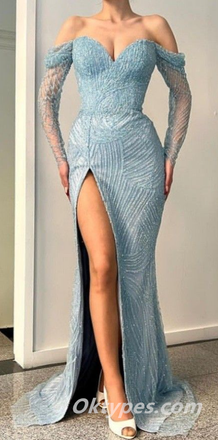 Sexy Long Sleeves Off Shoulder V-Neck Side Slit Mermaid Long Prom Dresses,PDS0341