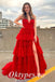 Sexy Red Tulle Spaghetti Straps V-Neck Side Slit A-Line Long Prom Dresses, PDS0938