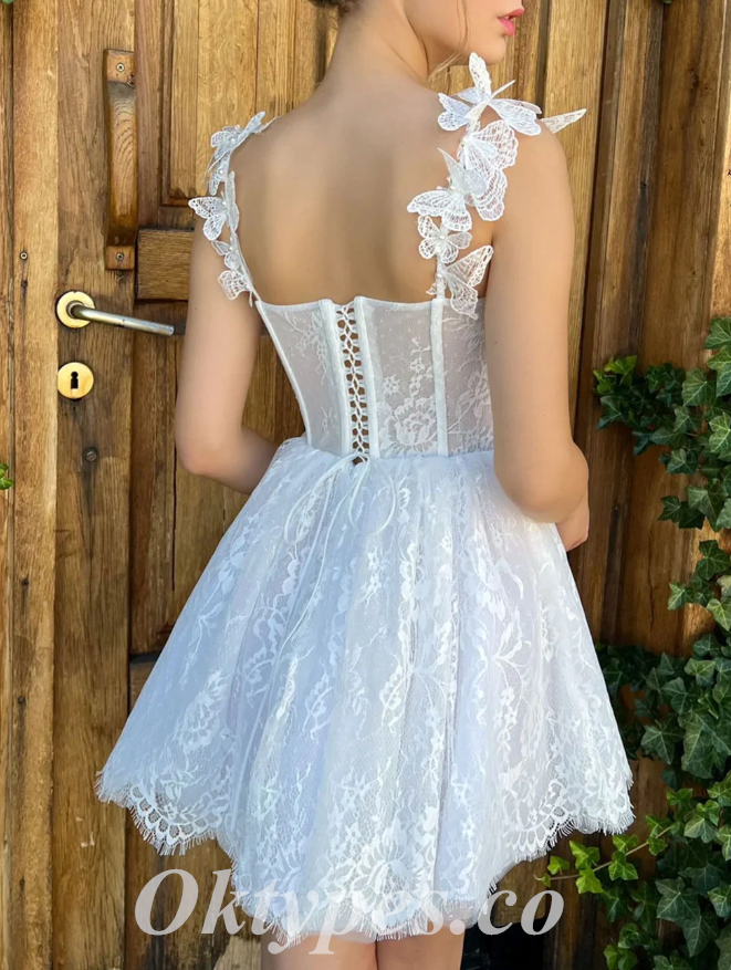 Beautiful White Tulle And Lace Spaghetti Straps V-Neck Sleeveless Lace Up Back A-Line Prom Dresses/Homecoming Dresses,PDS0486