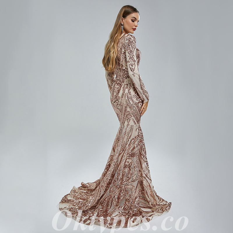 Elegant Special Fabric Long Sleeve V-Neck Mermaid Long Prom Dresses,PDS0458