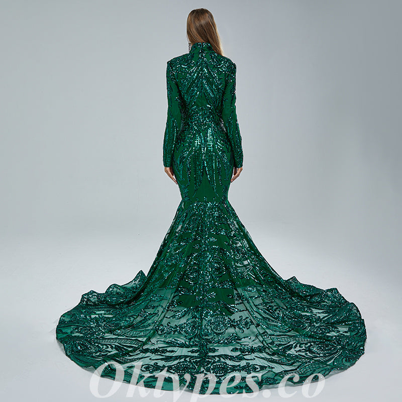 Elegant Dark Green Special Fabric Long Sleeve High Neck Mermaid Long P Oktypes Elegant Dark Green Special Fabric Long Sleeve High Neck Mermaid Long P Oktypes