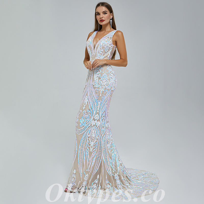 Elegant Special Fabric Spaghetti Straps V-Neck Sleeveless Mermaid Long Prom Dresses,PDS0461