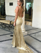 Mermaid V-Neck Backless Gold Sequined Prom Dresses with Appliques, TYP1288