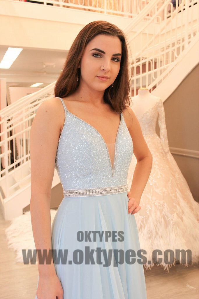 Light Blue Spaghetti Strap Sequin Chiffon Prom Dresses, Backless Prom Dresses, TYP0360