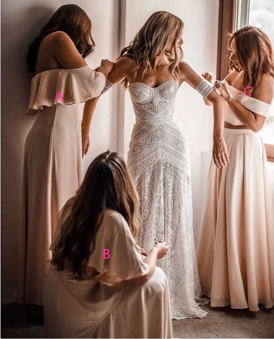 Mismatched Off-the-Shoulder Long Cheap Pink Chiffon Bridesmaid Dresses Online, TYP1135