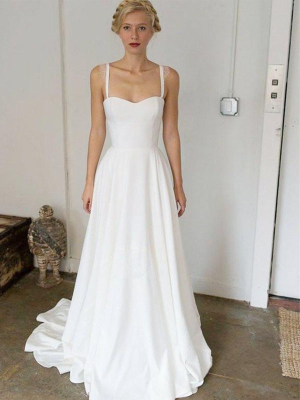 A-Line Straps Sweep Train Sleeveless Stain Simple Wedding Dresses, TYP0918