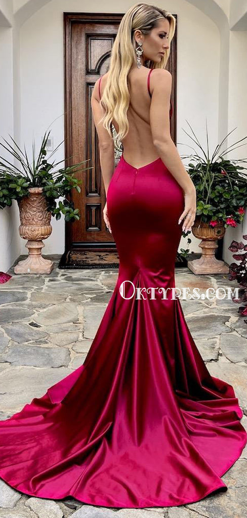 Sexy V-neck Mermaid Soft Satin Simple Long Prom Dresses, PDS0226