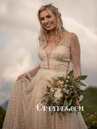 Elegant V-neck Floor-length Long Sleeve Wedding Dresses, TYP0938