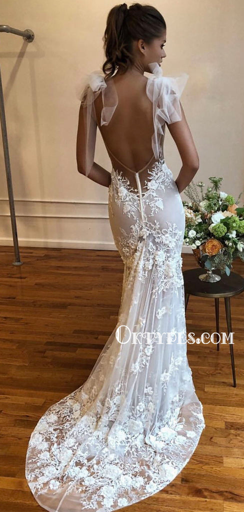 Beautiful V-neck Mermaid Lace Open Back Wedding Dresses, WDS0110