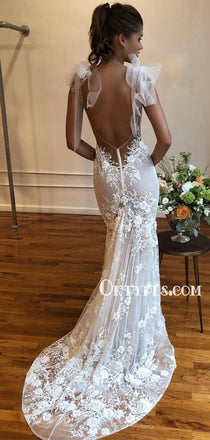 Beautiful V-neck Mermaid Lace Open Back Wedding Dresses, WDS0110