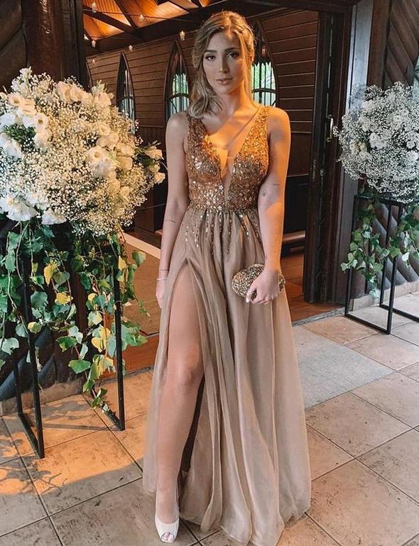 Sparkly V-neck Champagne Long Tulle Slit Prom Dresses with Beaded, TYP1605