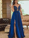 A Line Royal Blue Long Satin Prom Dresses with Split&Beaded, TYP1598