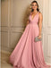Charming Simple V-neck Pink Long Cheap Ruched Prom Dresses, TYP1597