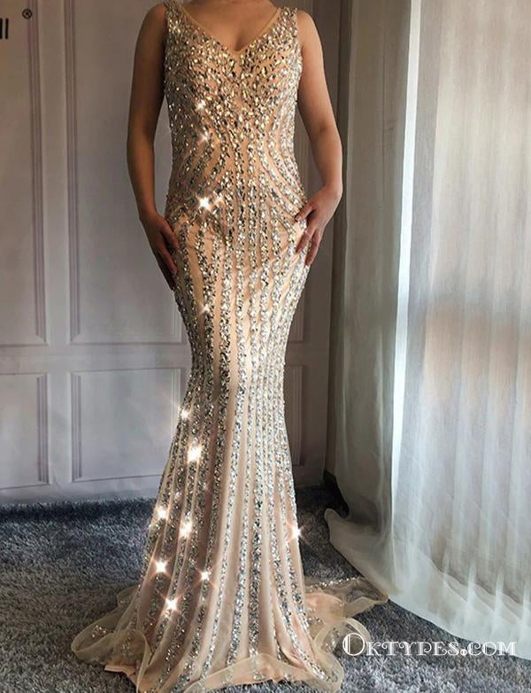 Champagne Long Cheap V Neck Prom Dresses With Beaded, TYP1767