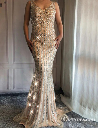 Champagne Long Cheap V Neck Prom Dresses With Beaded, TYP1767