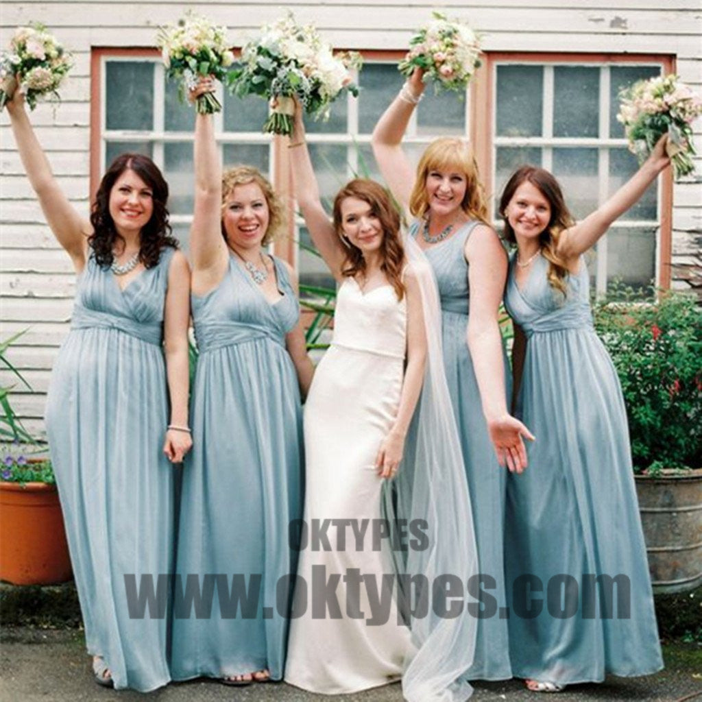 Wedding Party Long Blue V-Neck Modern Bridesmaid Dresses,Sleeveless Fashion bridesmaid dresses, TYP0420