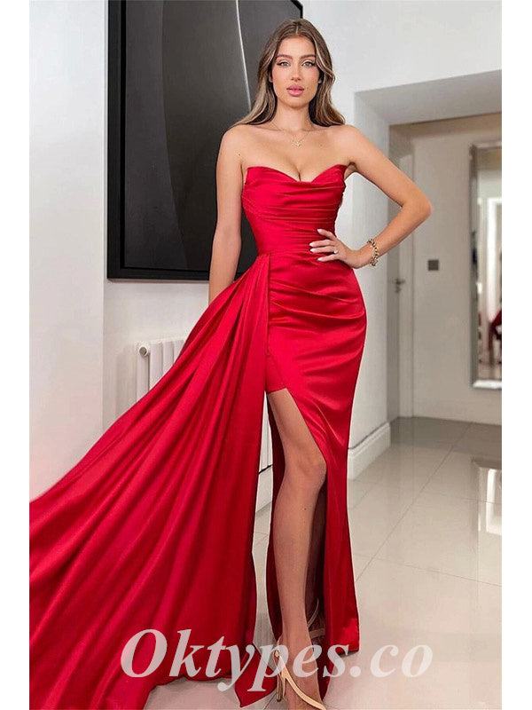 Sexy Soft Satin Sweetheart V-Neck Sleeveless Side Slit Mermaid Long Prom Dresses With Trailing, PDS0885