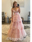 Elegant Tulle And Lace Off Shoulder sleeveless A-Line Long Prom Dresses, PDS0926