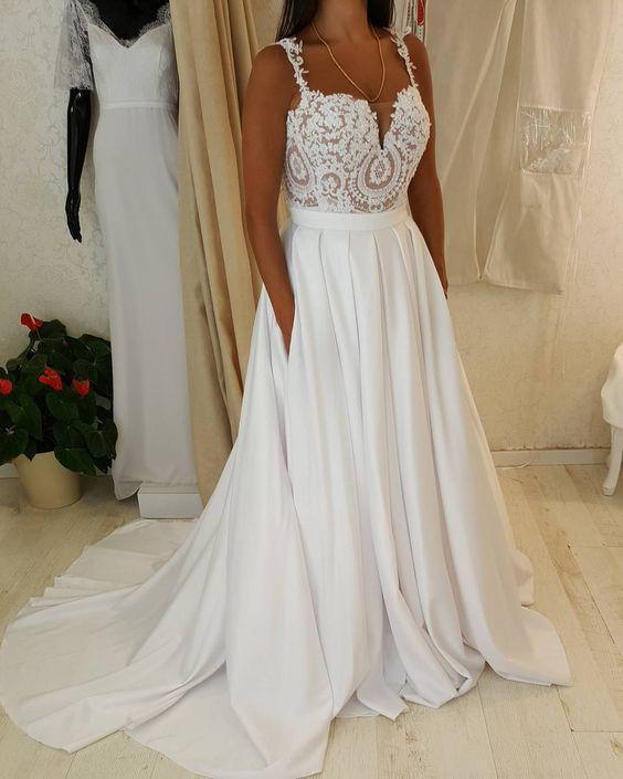 Low Back Spaghetti Straps Lace Bodice Beach Wedding Bridal Dresses, TYP0500