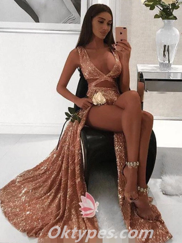 Sexy Sequin Spaghetti Straps Sleeveless A-Line Long Prom Dresses With Split,PDS0409