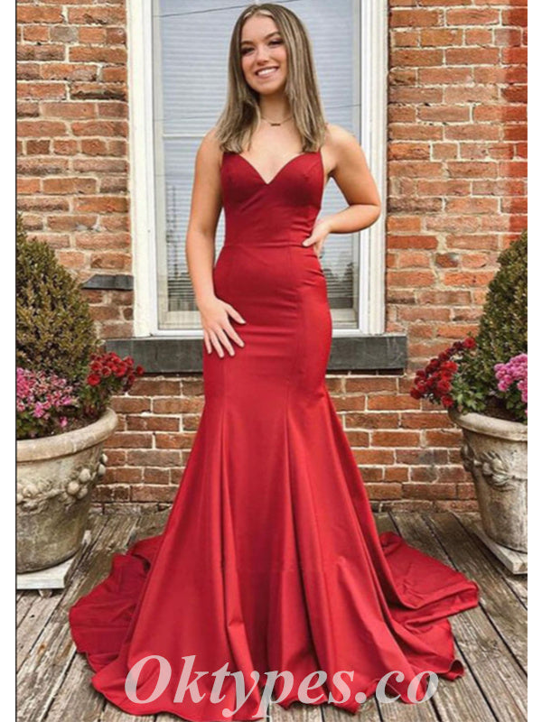 Sexy Rust Satin Spaghetti Straps V-Neck Mermaid Long Prom Dresses,PDS0596