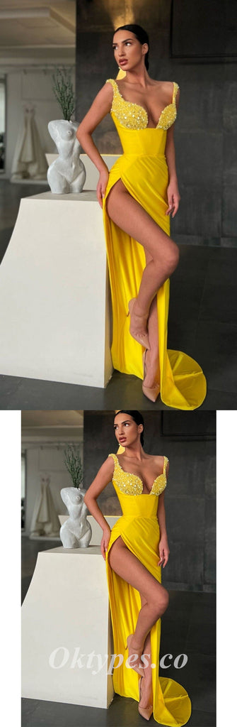 Sexy Yellow Sequin Satin Spaghetti Straps V-Neck Sleeveless Side Slit Mermaid Long Prom Dresses,PDS0542