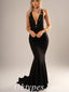 Sexy Black Lace Deep V-Neck Sleeveless Criss Cross Mermaid Long Prom Dresses,PDS0708