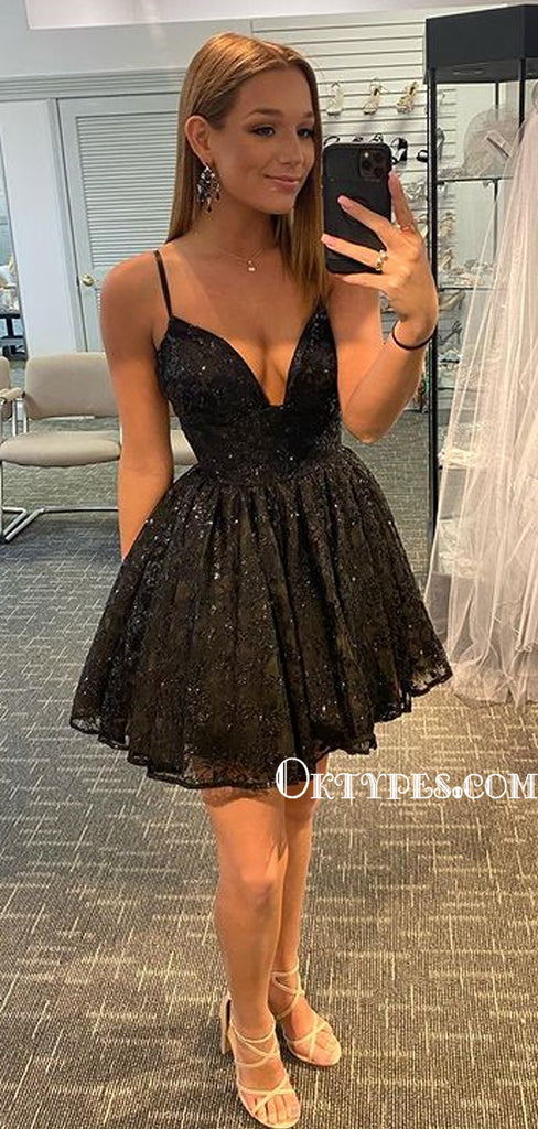 A-line V-neck Simple Lace Homecoming Dresses, HDS0059