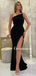 Charming One-shoulder White Black Mermaid Cheap Long Prom Dresses, PDS0157