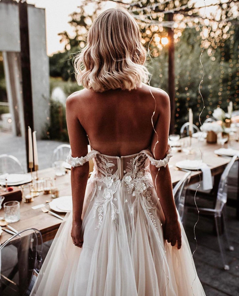 Off-The-Shoulder Lace Appliqued Tulle Long Cheap Wedding Dresses, WDS0068