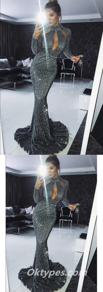 Sexy Sequin Long Sleeve High Neck Mermaid Long Prom Dresses,PDS0410