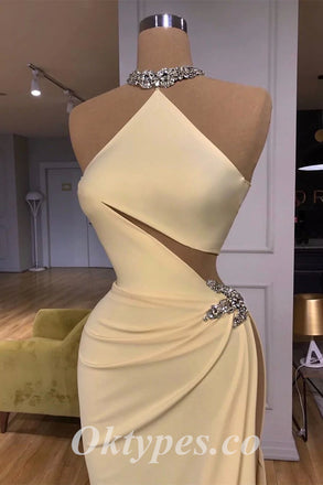 Sexy Satin Sleeveless Side Slit Mermaid Long Prom Dresses With Rhinestone, PDS0819