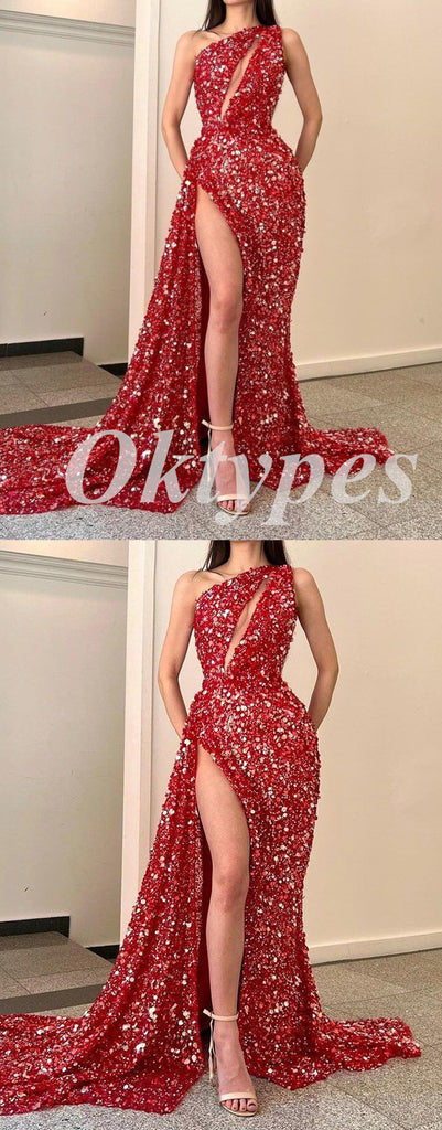 Sexy Sequin One Shoulder Sleeveless Side Slit Mermaid Long Prom Dresses,PDS0804
