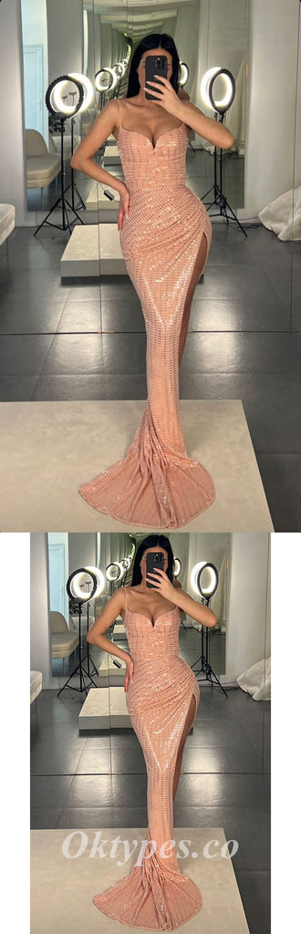 Sexy Special Fabric Spaghetti Straps V-Neck Side Slit Mermaid Long Prom Dresses,PDS0536