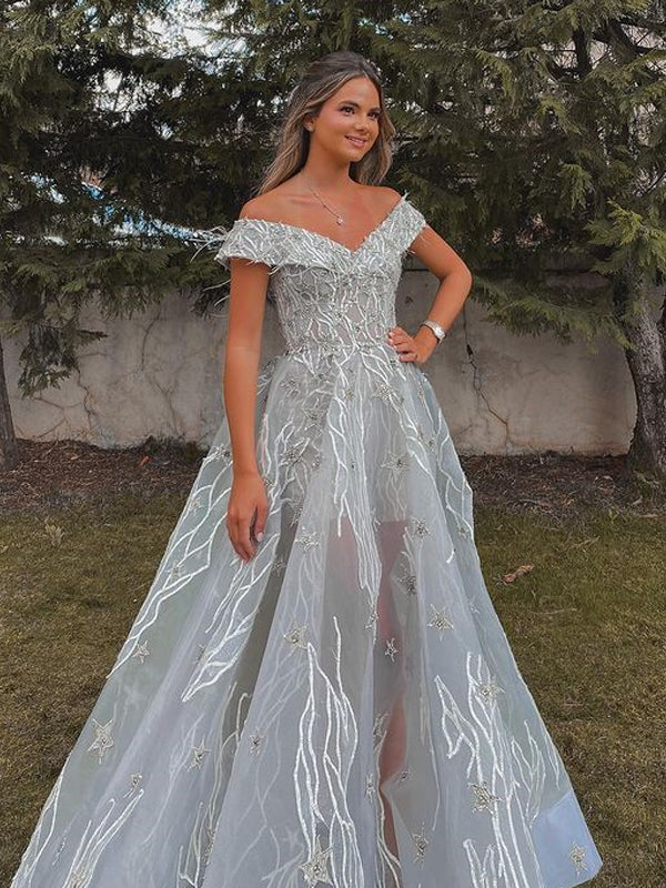 Popular Off-shoulder Ball Gown A-line Tulle Long Prom Dresses, PDS0186