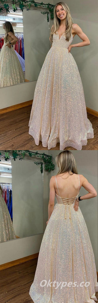 Shiny Sequin Tulle Spaghetti Straps V-Neck Open Back Lace Up A-Line Long Prom Dresses,PDS0430