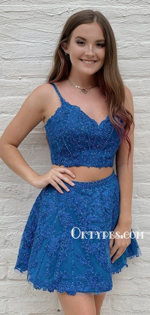 Two-piece A-line Spaghetti Strap Lace Homecoming Dresses, HDS0055