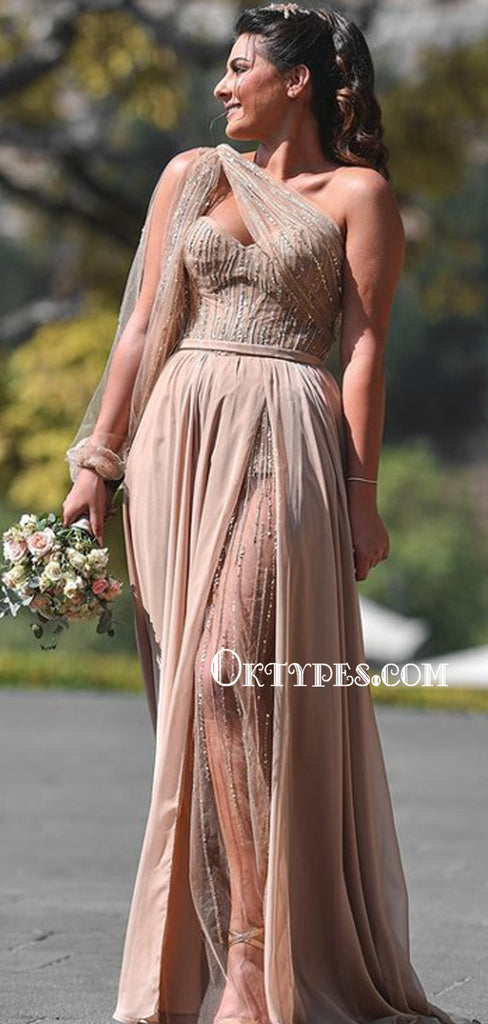 Popular One-shoulder Mermaid Side Slit Sparkly Prom Dresses, PDS0187