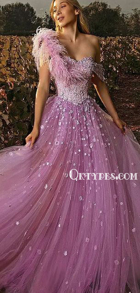 Sparkly A-line Tulle One-shoulder Sequin Long Prom Dresses Online, PDS0215
