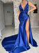 Sexy V-neck Mermaid Soft Satin Side Slit Long Prom Dresses, PDS0277