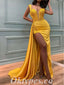 Sexy Sequin Satin Spaghetti Straps V-Neck Sleeveless Mermaid Long Prom Dresses,PDS0509