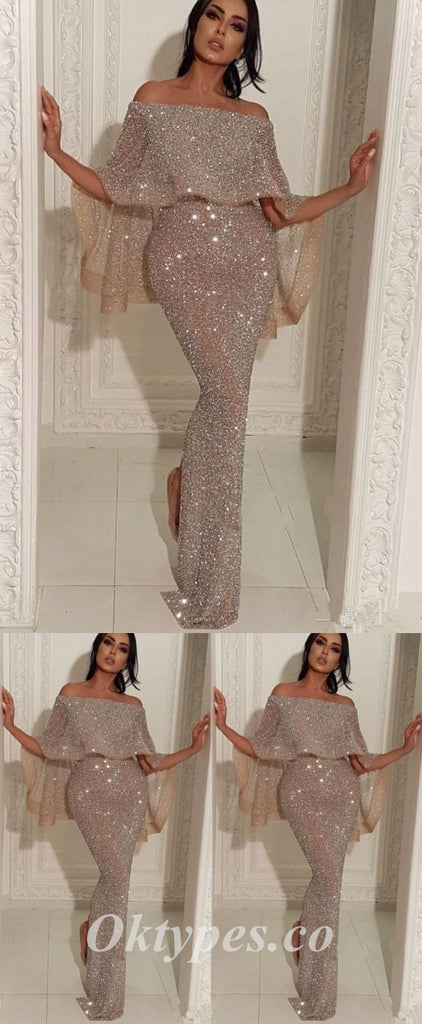 Sexy Sequin Tulle Off Shoulder Sleeveless Mermaid Long Prom Dresses,PDS0538