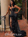 Sexy Black Sequin Sweetheart V-Neck Sleeveless Side Slit Mermaid Long prom Dresses With Feather, PDS0830