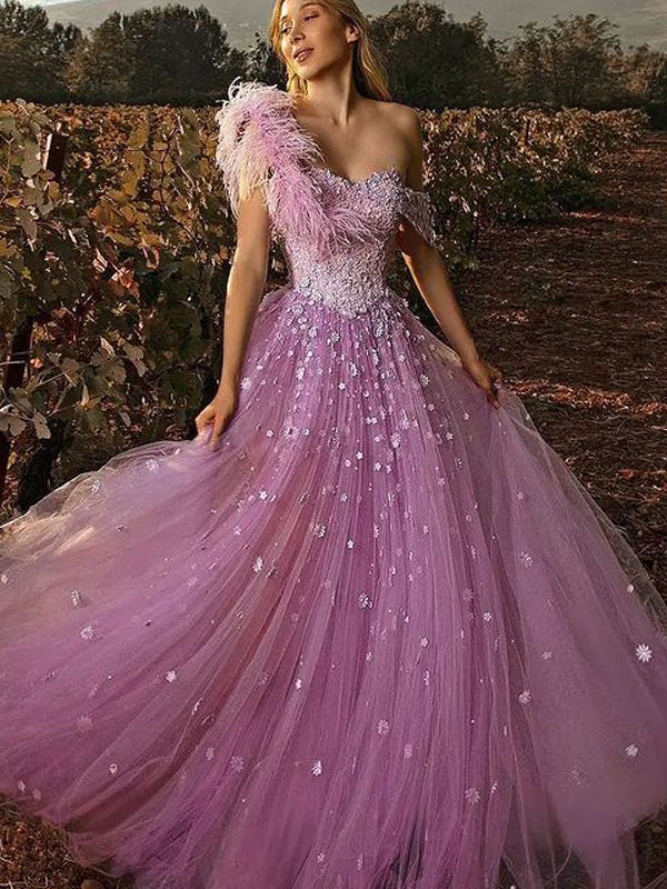 Sparkly A-line Tulle One-shoulder Sequin Long Prom Dresses Online, PDS0215