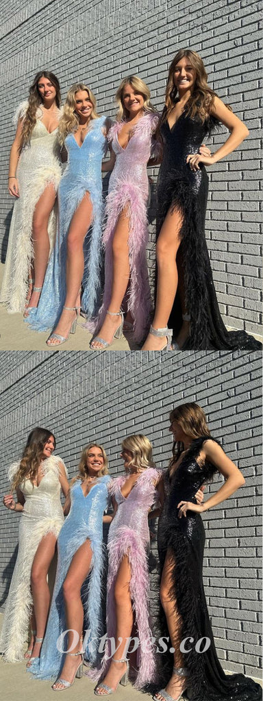 Sexy Charming Mismatched Sequin Spaghetti Straps V-Neck Sleeveless Side Slit Mermaid Long Prom Dresses With Feather,PDS0655