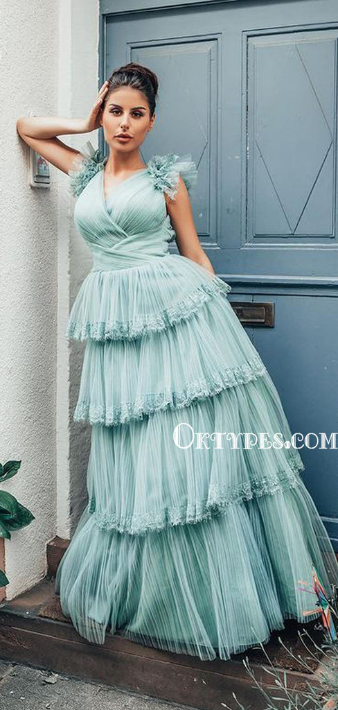 Charming V-neck A-line Tulle Lovely Simple Prom Dresses, PDS0246