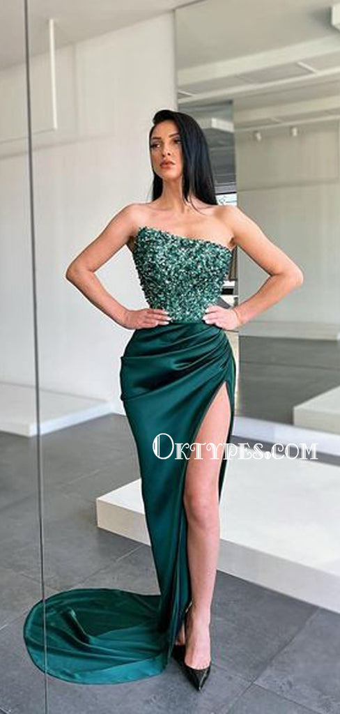 Mermaid Straight Sequin Soft Satin Side Slit Long Prom Dresses Online, PDS0209
