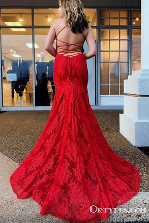 Spaghetti Straps Mermaid All Over lace Red Long Prom Dresses, TYP1900