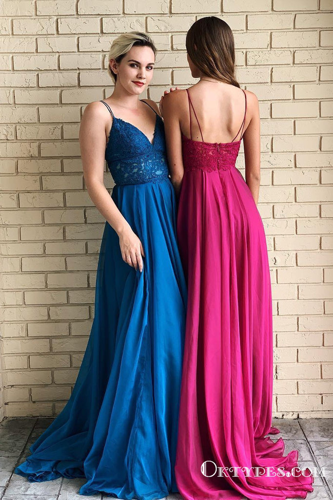 Spaghetti Straps A-Line Long Cheap Prom Dresses with Lace Top, TYP1898